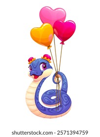 Blue snake with valentines day heart balloons. Vector cartoon cute reptile character in traditional Chinese accessories, flying on bunch of vivid balloons. Serpent animal celebrates love and festivity