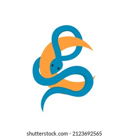 Blue snake wraps around the moon. Boho mystical and magic vector flat illustration. 