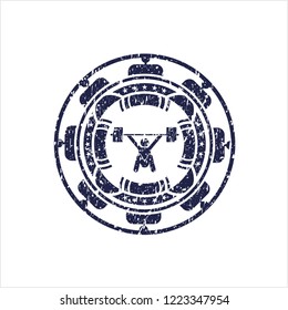 Blue snatch, weightlifting icon inside distressed rubber grunge stamp