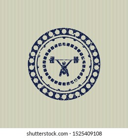 Blue snatch, weightlifting icon inside rubber grunge seal