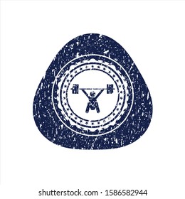 Blue snatch, weightlifting icon inside distress rubber stamp with grunge texture