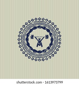 Blue snatch, weightlifting icon inside distress rubber stamp with grunge texture