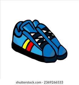 Blue sneakers with colored stripes. Sports shoes. Vector colored doodles. Clipart, template, sketch, icon, sketch