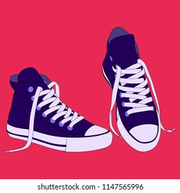 Blue sneakers with white laces on the pink background. Illustration of black lines