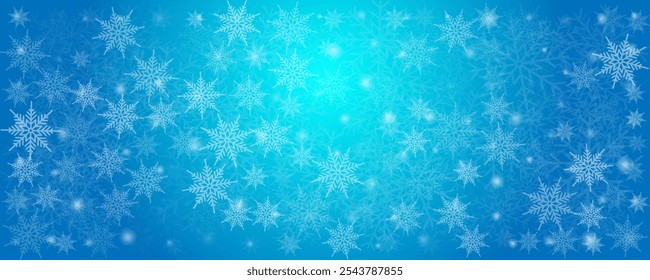 Blue snow background. Christmas winter background. Snowflake background