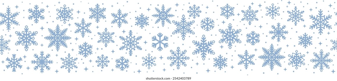 Blue snow banner, vector snowflake borer seamless repeating decorative pattern element, winter holiday Christmas or New Year greeting template design