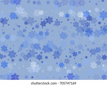 Blue snow flakes falling winter tale vector background. Snowflake macro vector illustration, water freezing parts, snow flakes confetti chaotic scatter. Winter Christmas snow background.