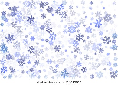 Blue snow flakes falling winter tale vector background. Snowflake macro vector illustration, water freezing parts, snow elements, flakes confetti chaotic scatter. Winter Christmas New Year background.