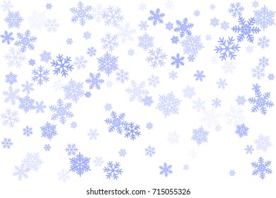 Blue snow flakes falling winter vector background. Snowflake macro illustration, water freezing parts, snow elements, flakes confetti chaotic scatter. 