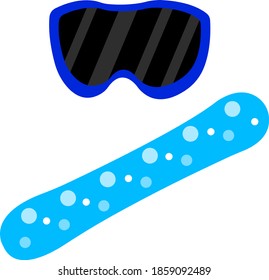 blue snowboard with round white patterns and goggles with dark glass object on white background winter and sport concept