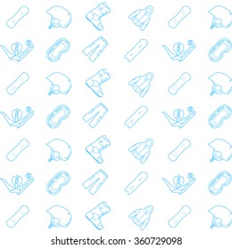 Blue snowboard tools and equipment pattern on white background: helmet, mask, boot, board. Snowboard seamless pattern background.