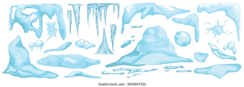 Blue snowdrifts and snow caps of different forms at white background cartoon set flat vector illustration