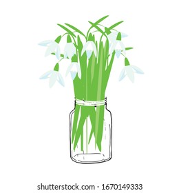 Blue snowdrops in jar. Art spring flowers design element object iolated for web, for print