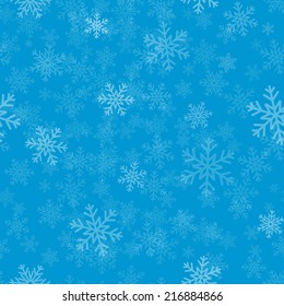 Blue snowfall background on blue background. Winter snowflakes. Winter design. Winter seamless pattern. 