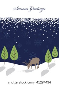 blue snowflake background with banner, trees and reindeer