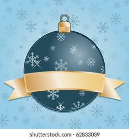 blue snowflake background with christmas decoration and blank gold ribbon ready for text