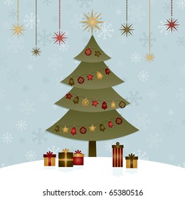 blue snowflake background with christmas tree and decorations