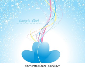 blue snowflake background with colorful stripes, romantic heart