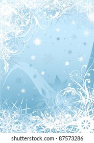 Blue snowflake background design.Blue winter seasonal background, with many snowflake,wave and floral elements.File contain Clipping path.