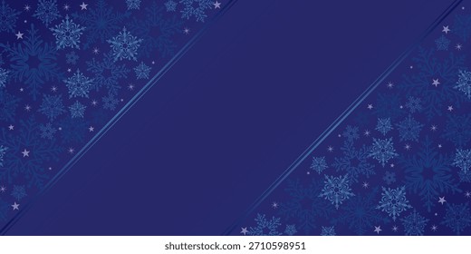 Blue Snowflake Background with Elegant Flourish Ice Crystals. Elegant winter decorative snow banner ideal for Christmas graphics, holiday cards