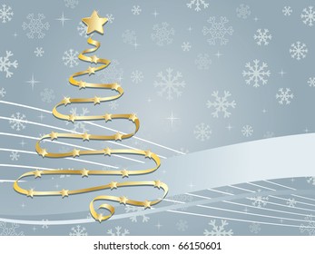 blue snowflake background with gold ribbon christmas tree