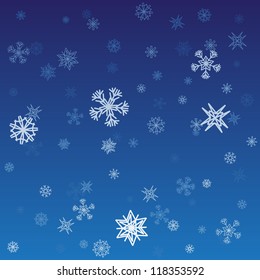 A blue snowflake background with many different snowflakes