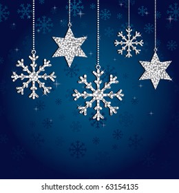 blue snowflake background with silver glitter decorations