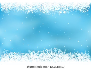 Blue snowflake background. Snow sky frame. Frosty close-up wintry snowflakes. Ice shape pattern template. Christmas holiday decoration backdrop