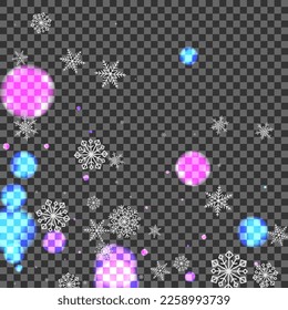 Blue Snowflake Background Transparent Vector. Snowflakes Blizzard Frame. Pink Cover. Black Bokeh Freeze. Merry Illustration.