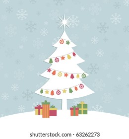 blue snowflake background with white christmas tree and decorations