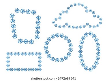 Blue snowflake circle, square, rectangle, oval, cloud frame. Winter snowflake round border. Design elements for Christmas and New Year. Cards and banners. Vector illustration. EPS 10