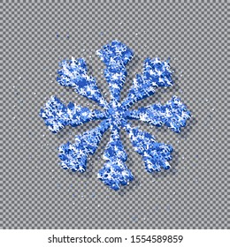 Blue snowflake covered bright glitter on transparent background. Great for New year and Christmas party posters, headers, seasonal wallpaper, winter background. Vector