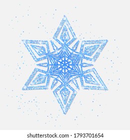 Brillo de nieve azul cubierto brillante sobre fondo blanco. Brillante copo de nieve azul estupendo para afiches de Año Nuevo y Navidad, cabeceras, tapicería de temporada, fondo de invierno. Vector