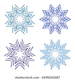 Cristales de copo de nieve azul. Iconos fríos de invierno. Vector de fondo blanco. Formas de estrellas degradadas. EPS 10.