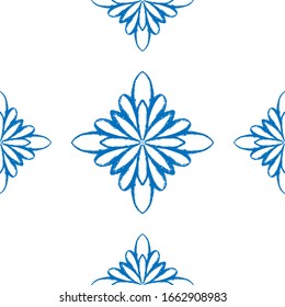 Blue snowflake doodle seamless pattern on white background. Hand draw winter elements and symbol for holidays card, print, events, wrapping paper and textile. Doodle vector design for home and textile