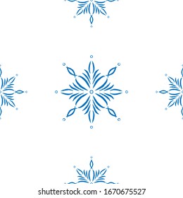 Blue snowflake doodle seamless pattern on white background. Hand draw winter elements and symbol for holidays card, print, events, wrapping paper and textile. Doodle vector design for home and textile