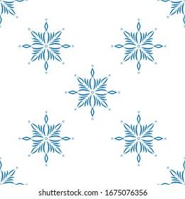 Doodle azul de copo de nieve sin fisuras sobre fondo blanco. Dibujar a mano elementos de invierno y símbolo para tarjetas de vacaciones, impresiones, eventos, papel de envoltura y textiles. Diseño vectorial de Doodle para el hogar y los textiles
