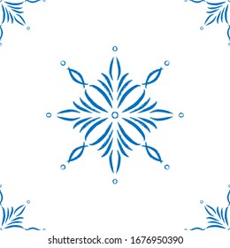 Doodle azul de copo de nieve sin fisuras sobre fondo blanco. Elementos de invierno dibujados a mano y símbolo para tarjetas de vacaciones, impresiones, eventos, papel de envoltura y textiles. Diseño vectorial de Doodle para el hogar y los textiles