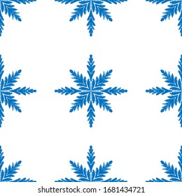 Blue snowflake doodle seamless pattern on white background. Hand draw winter elements and symbol for holidays card, print, events, wrapping paper and textile. Doodle vector design for home and textile