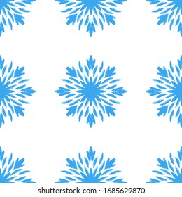 Blue snowflake doodle seamless pattern on white background. Hand draw winter elements and symbol for holidays card, print, events, wrapping paper and textile. Doodle vector design for home and textile