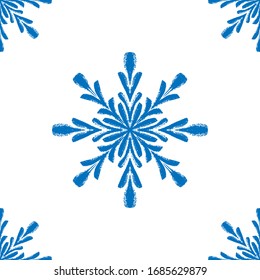 Blue snowflake doodle seamless pattern on white background. Hand draw winter elements and symbol for holidays card, print, events, wrapping paper and textile. Doodle vector design for home and textile
