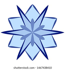 Blue snowflake in flat style on a white background. Snow icon for winter design. Snow logo, element for Christmas decoration, abstract background.