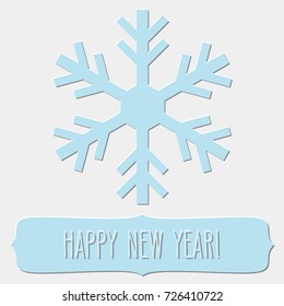 Blue snowflake and a frame with New Year greetings over white background.