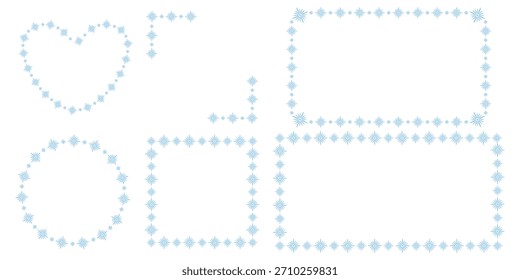 Blue snowflake frame set. Decorative vector borders. Heart, circle, square, rectangles. Isolated on white.