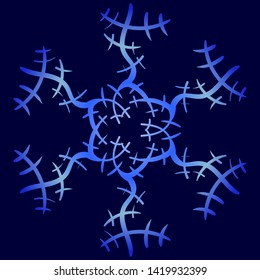 Blue snowflake with gradient on blue background in hand drawing style. For fabric design, cards, invitations. Abstract vector image for site.