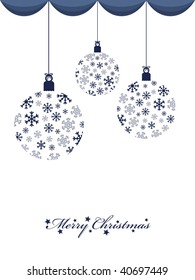 blue snowflake hanging decorations on white with space for text