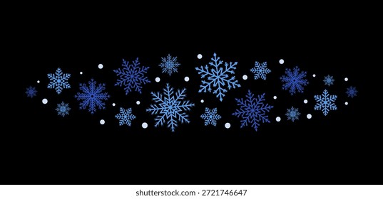Blue Snowflake Horizontal Cluster on Black Backdrop. Elegant winter design featuring a horizontal arrangement of blue snowflakes on a solid black background. Ideal for modern holiday banners and minimalist seasonal decor.