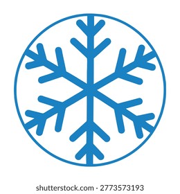 A blue snowflake icon enclosed in a circle, representing winter and cold weather, perfect for design and decoration purposes.