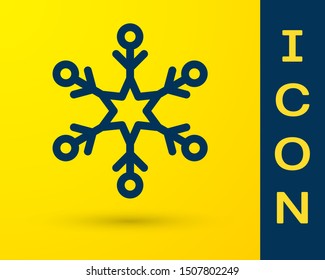 Blue Snowflake icon isolated on yellow background.  Vector Illustration