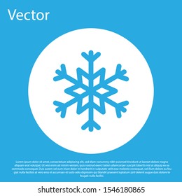 Blue Snowflake icon isolated on blue background. White circle button. Vector Illustration